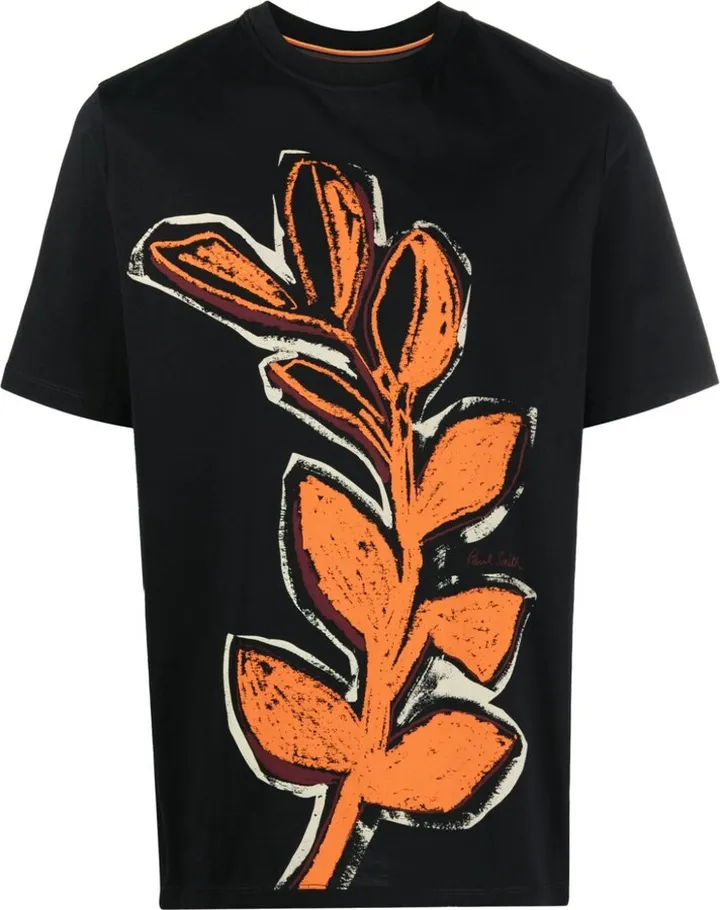 leaf-print round-neck T-shirt