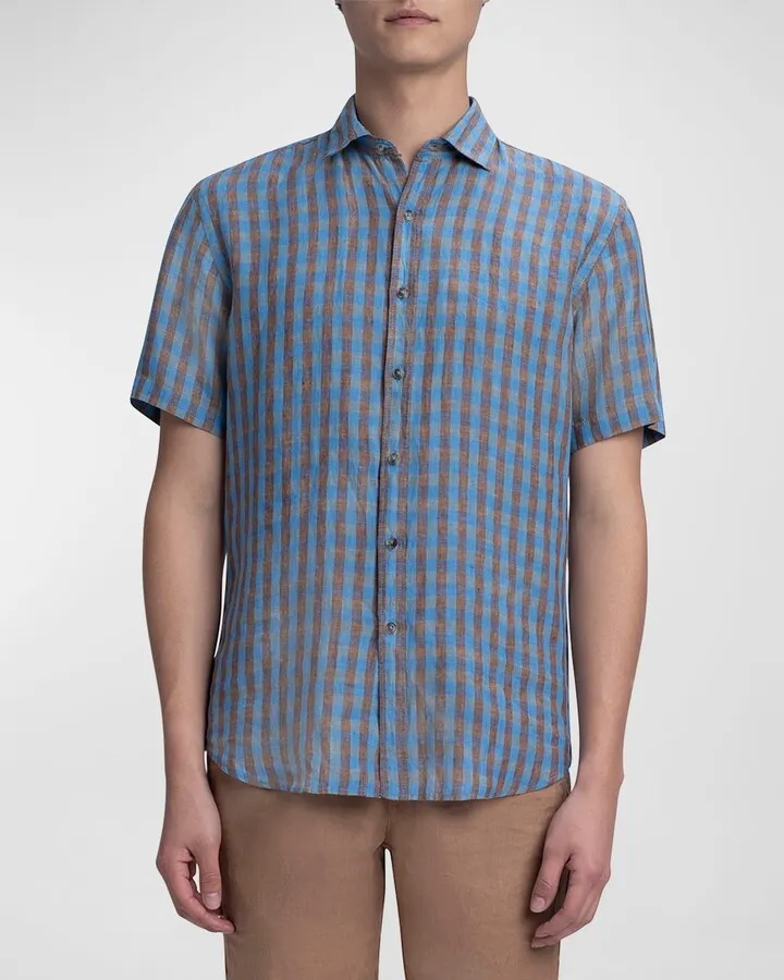 Men's Orson Shaped Short-Sleeve Linen Shirt - Gingham