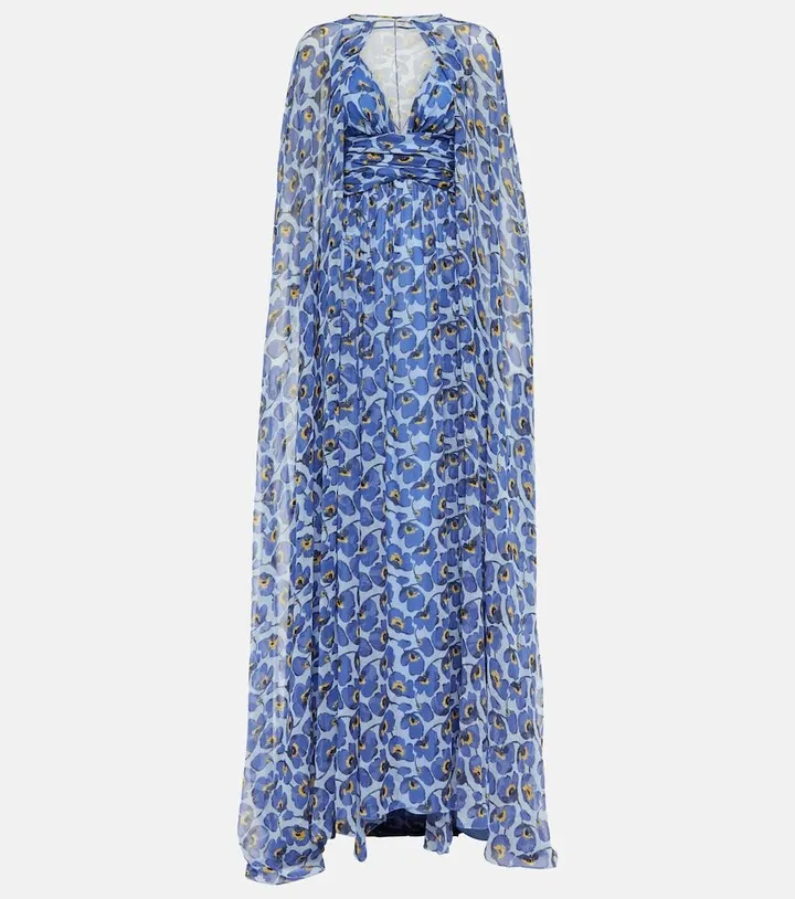 Cape-detail floral silk georgette gown