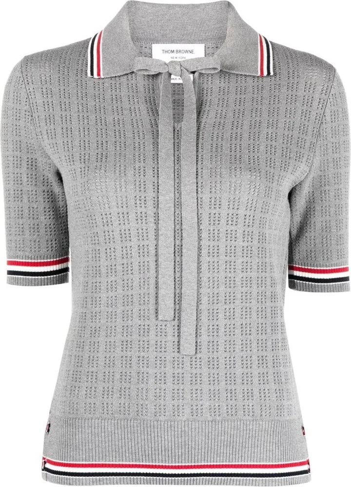 Bow-Detailing Pointelle Polo Top