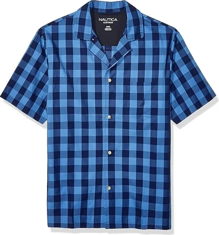 Nautica Men's Short Sleeve 100% Cotton Soft Woven Button Down Pajama Top (Blue Depths) Men's Pajama