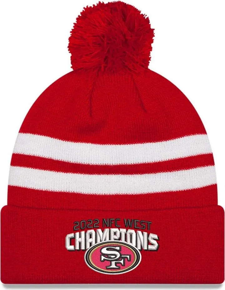 Men's New Era Scarlet San Francisco 49ers 2022 Nfc West Division Champions Top Stripe Cuffed Pom Knit Hat