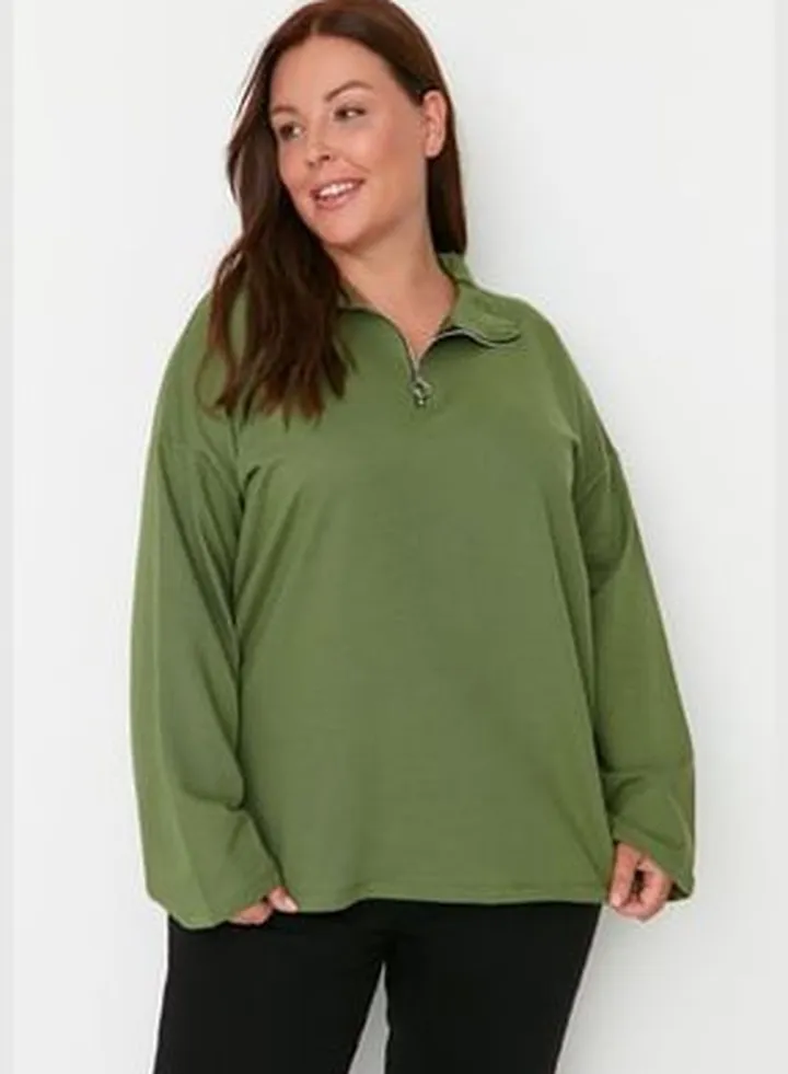 Khaki Zipper High Collar Thin Knitted Sweatshirt.
