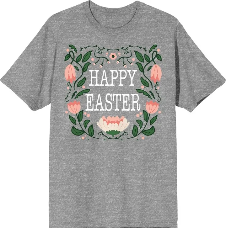 Soft Petal “Happy Easter” Pink Floral Women’s Heather Gray Short Sleeve Crew Neck Tee-Medium