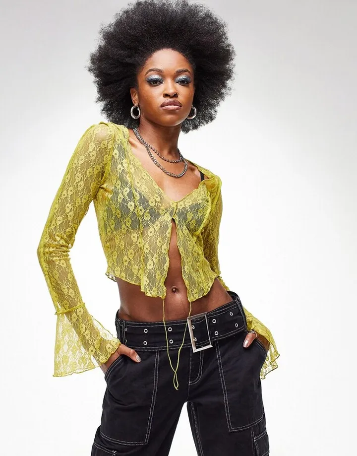 ASOS DESIGN long sleeve floaty lace top in lime