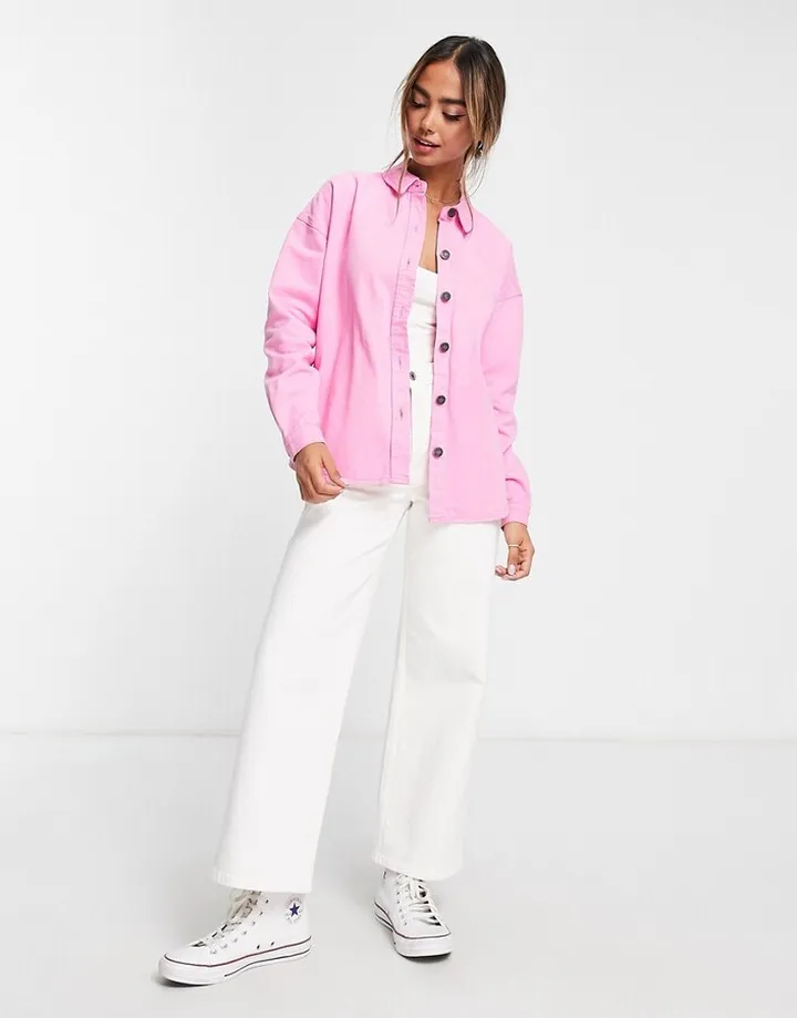 Noisy May long sleeve denim shirt in fuchsia pink