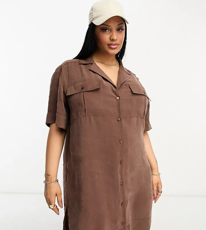ASOS DESIGN Curve utility pocket shirt dress in chocolate