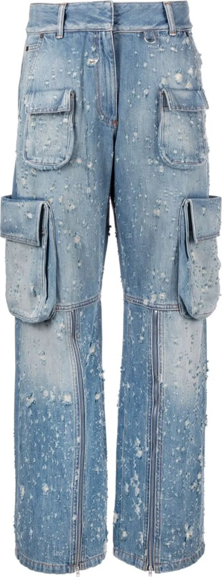 Blue Distressed Wide-Leg Cargo Jeans