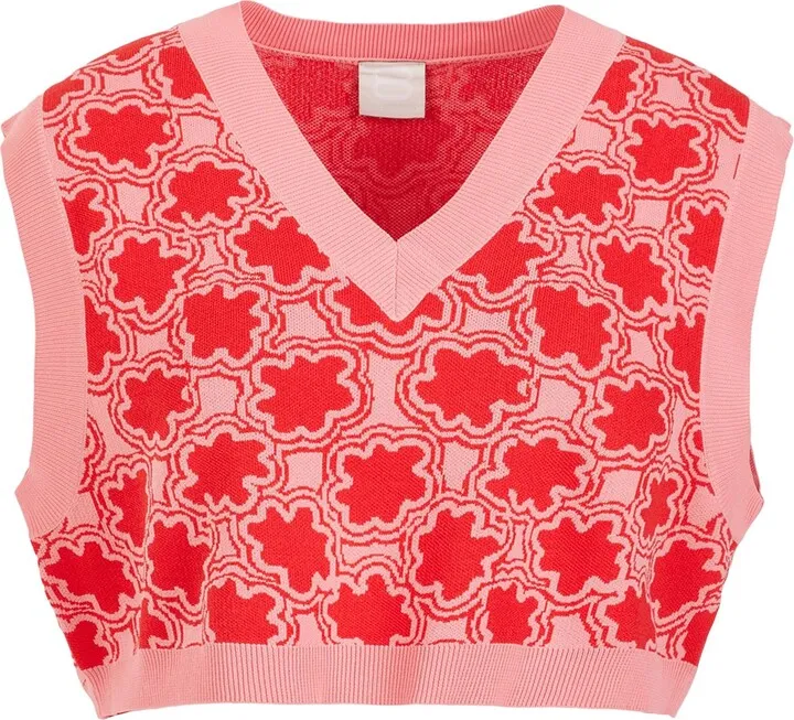 Jacquard V-neck Knit Vest Sweater Red