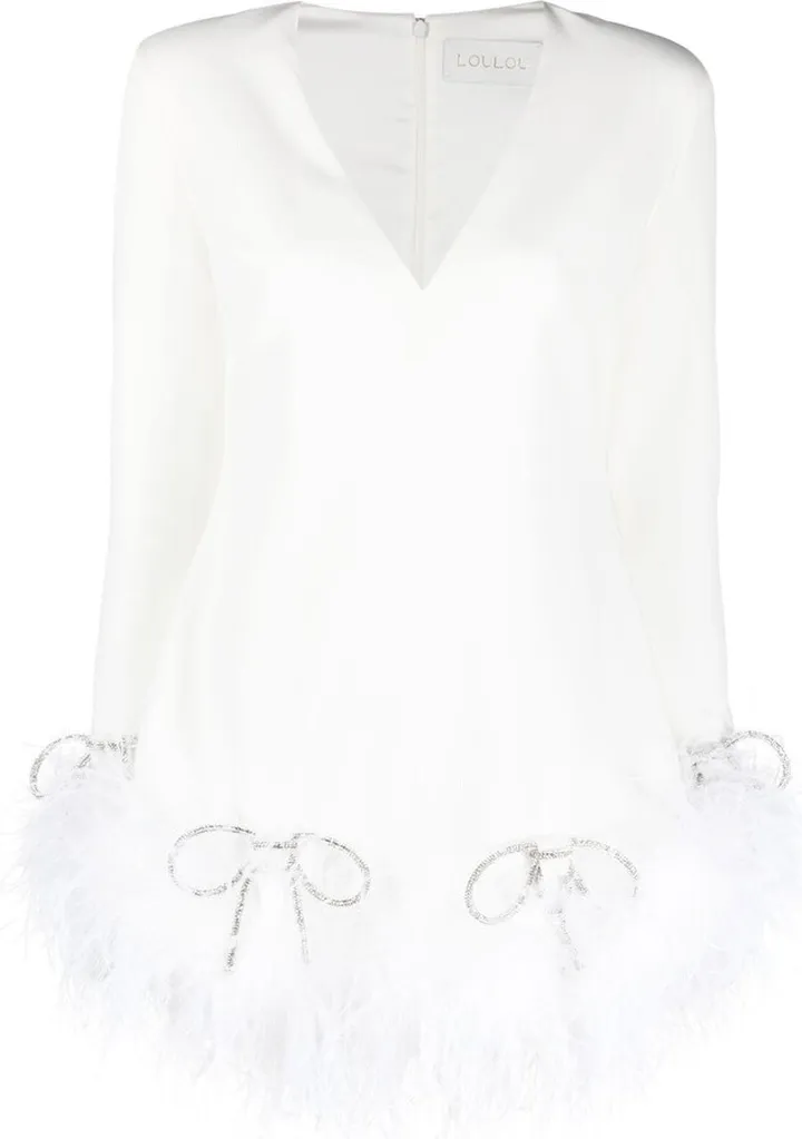 Bow-Embellished Feather-Trim Dress