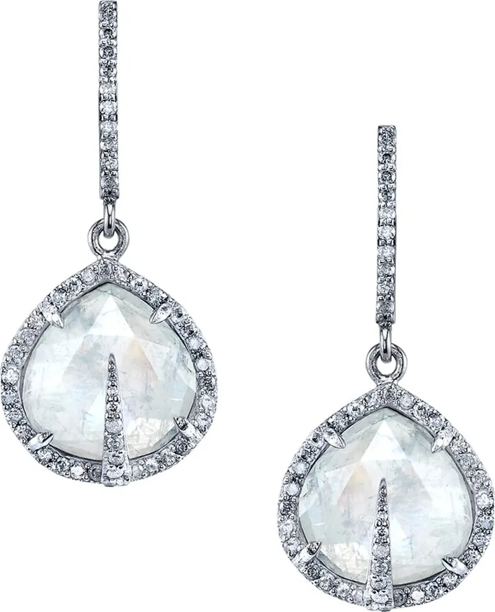 Rainbow Moonstone Drop Earrings with Diamonds