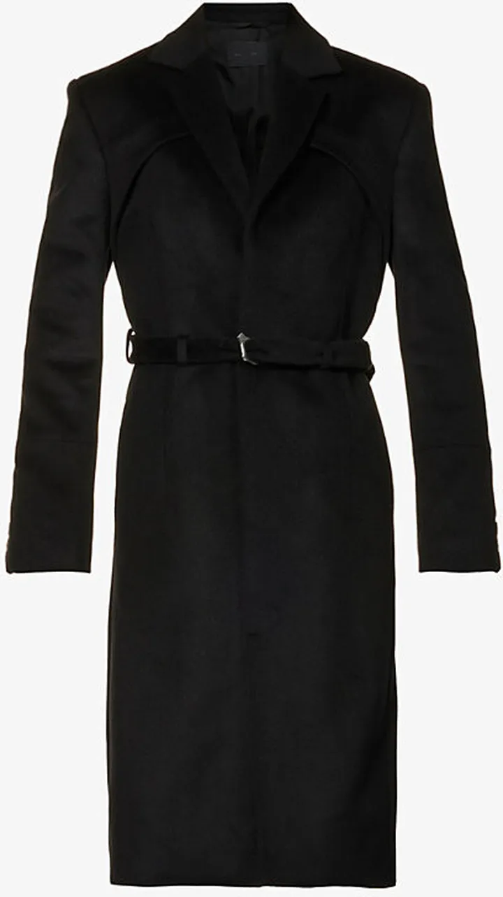 Womens Black Tailored Waist-belted Wool Coat