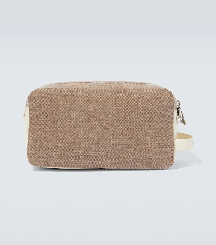 Leather-trimmed cotton and linen pouch
