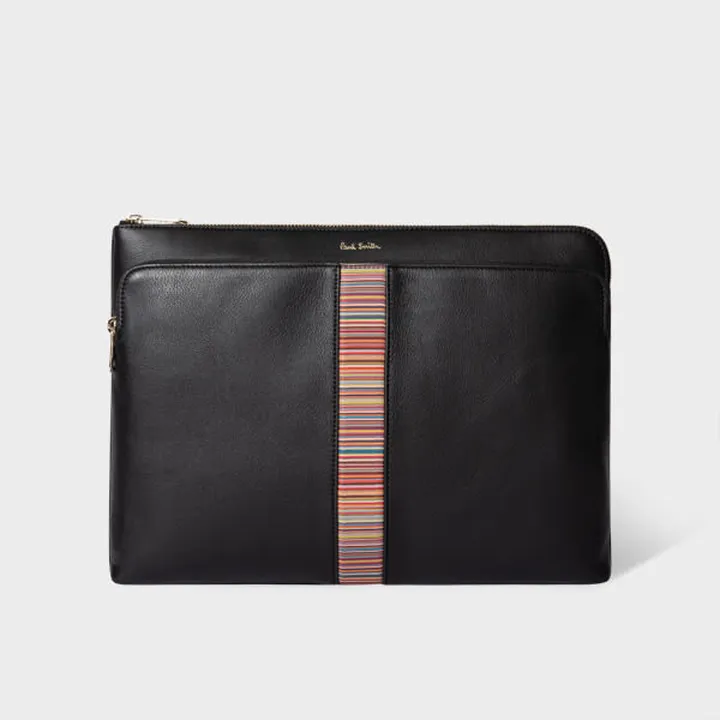 Black Leather 'Signature Stripe' Document Case
