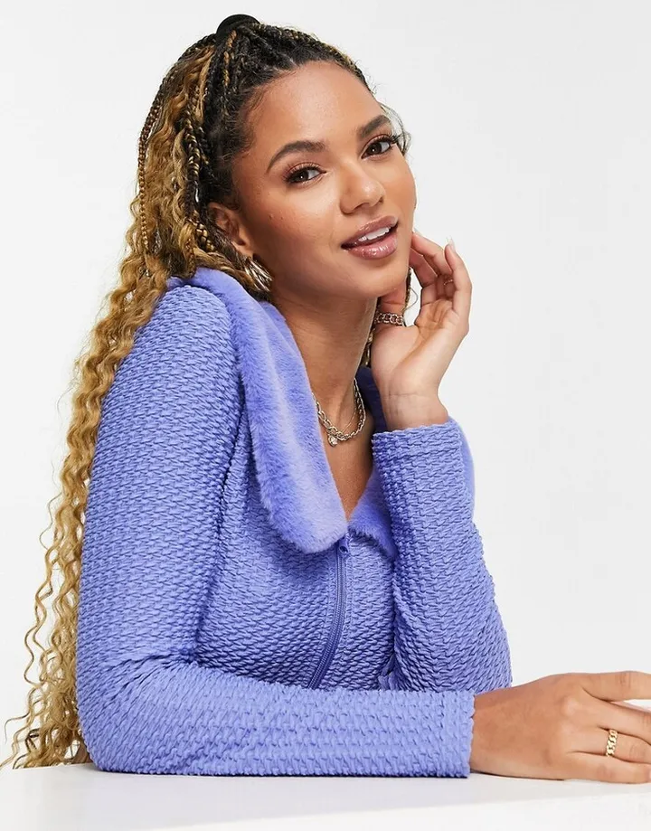 ASOS DESIGN faux fur collar cardigan in blue