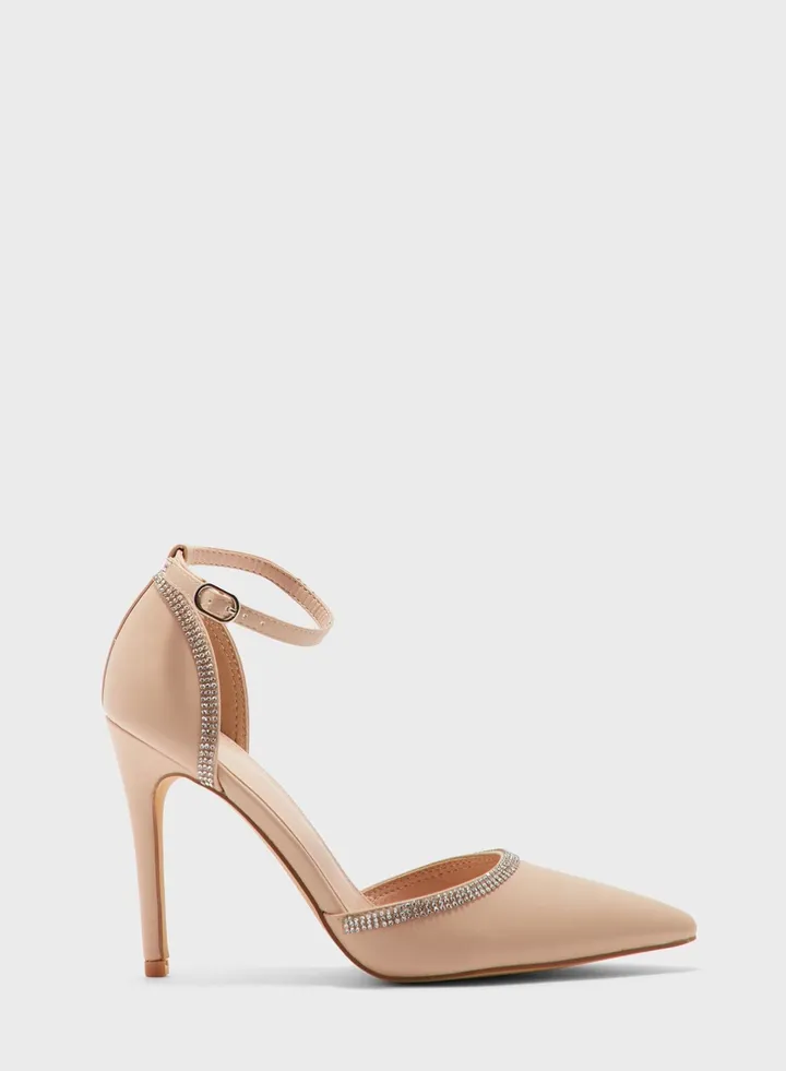 Shiny Diamante Trim Pointed Pump