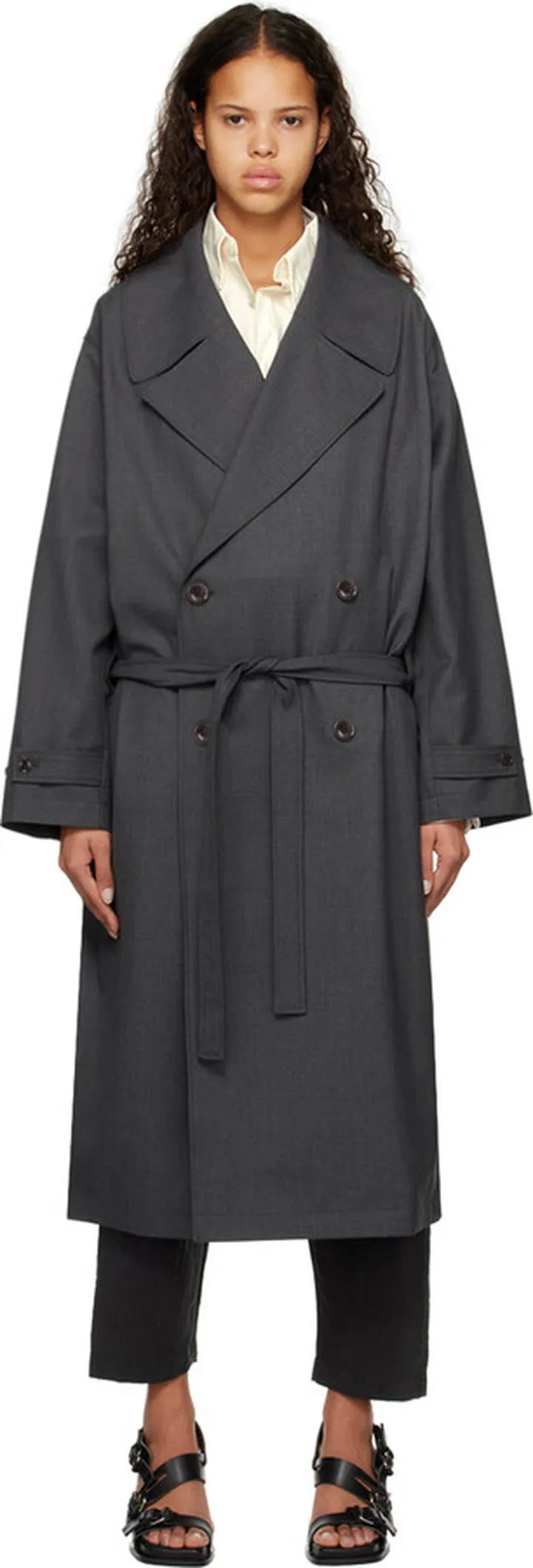 LEMAIRE Gray Double-Breasted Trench Coat