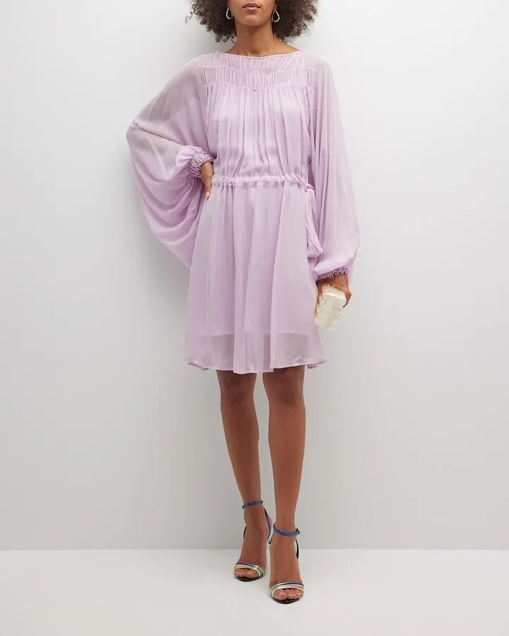 Pleated Poet-Sleeve Georgette Dress