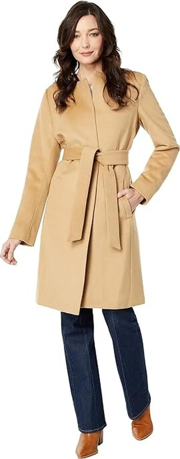 LAUREN Ralph Lauren Wrap Coat with Faux Leather Detail (Camel) Women's Clothing
