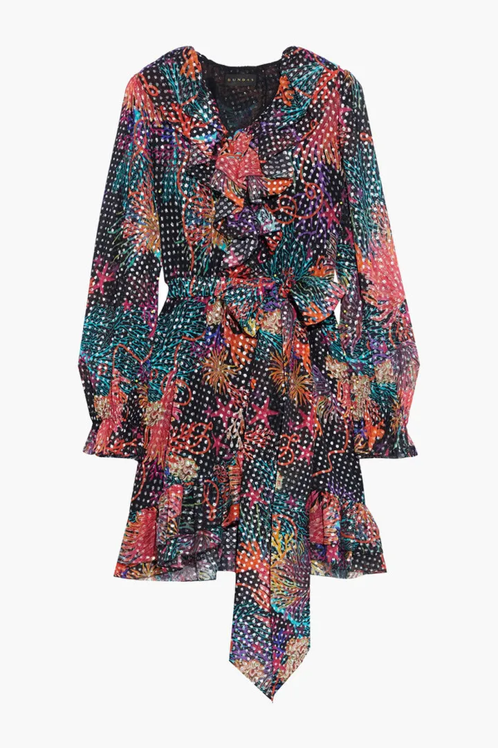 Belted printed fil coupé silk-blend chiffon mini dress
