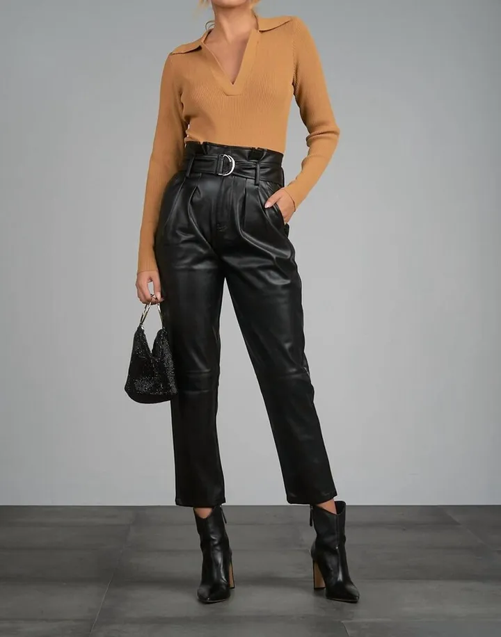 Jazmine Faux Leather Paperbag Pant in Black