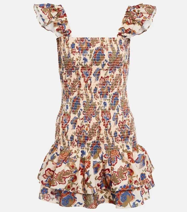 Shirred printed linen minidress