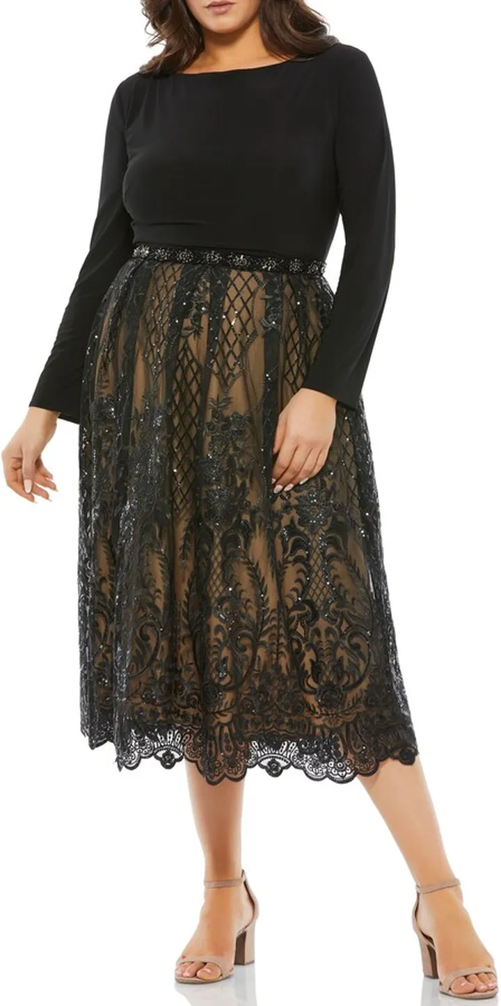 Mixed Media Sequin Long Sleeve Cocktail Dress