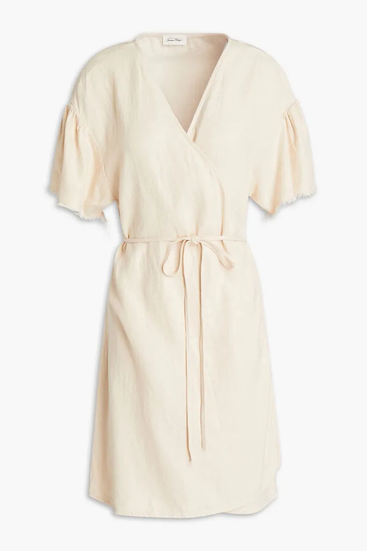 Gathered linen-blend twill mini wrap dress