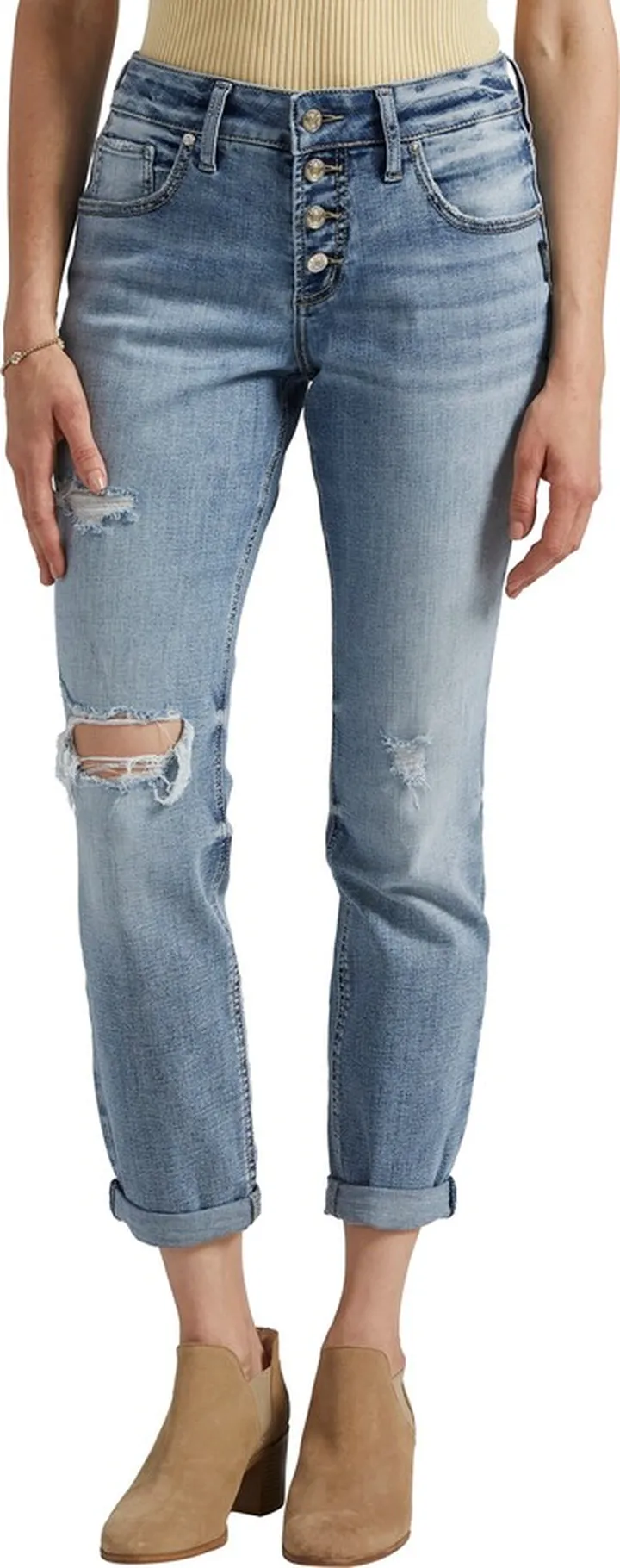 Ripped Mid Rise Slim Boyfriend Jeans