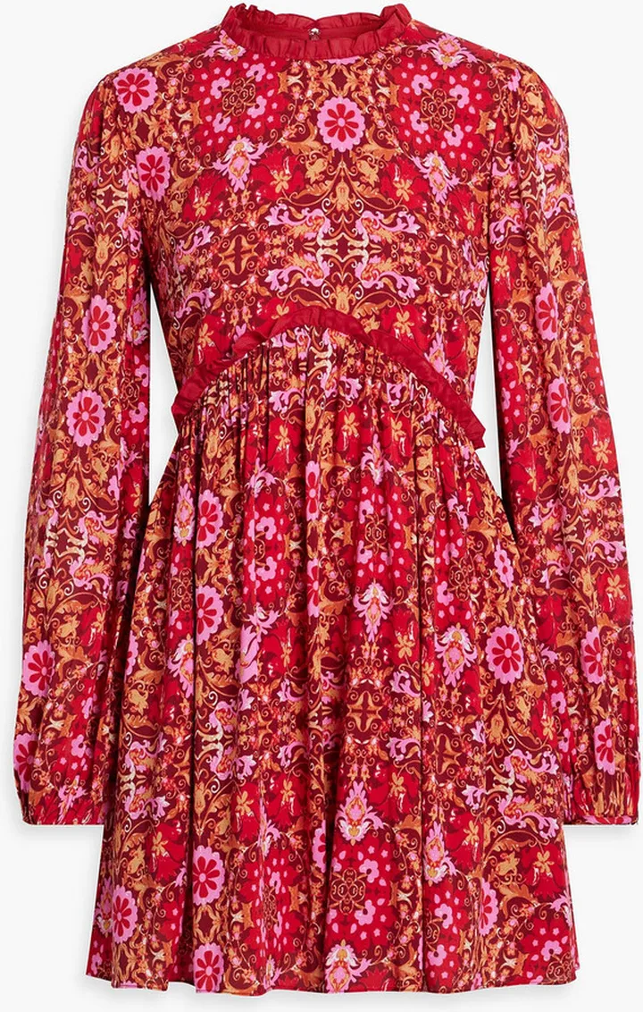 Ruffle-trimmed gathered paisley-print voile mini dress