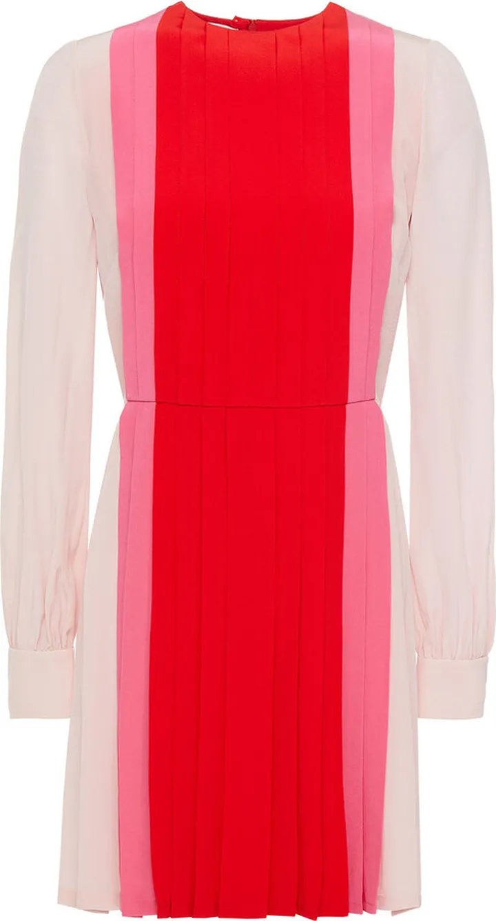Pleated color-block silk crepe de chine mini dress