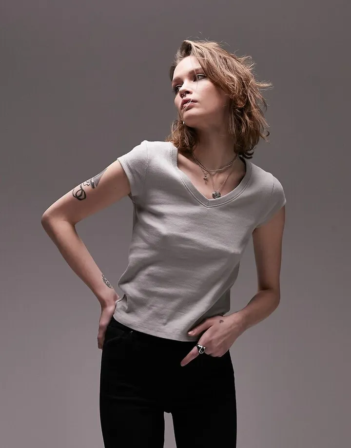 Topshop ribbed slim v neck tee in gray