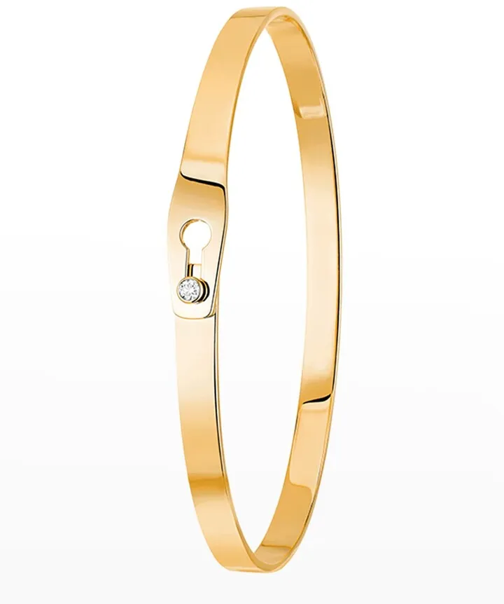 Yellow Gold Secure Narrow Bangle Bracelet with 1 Diamond