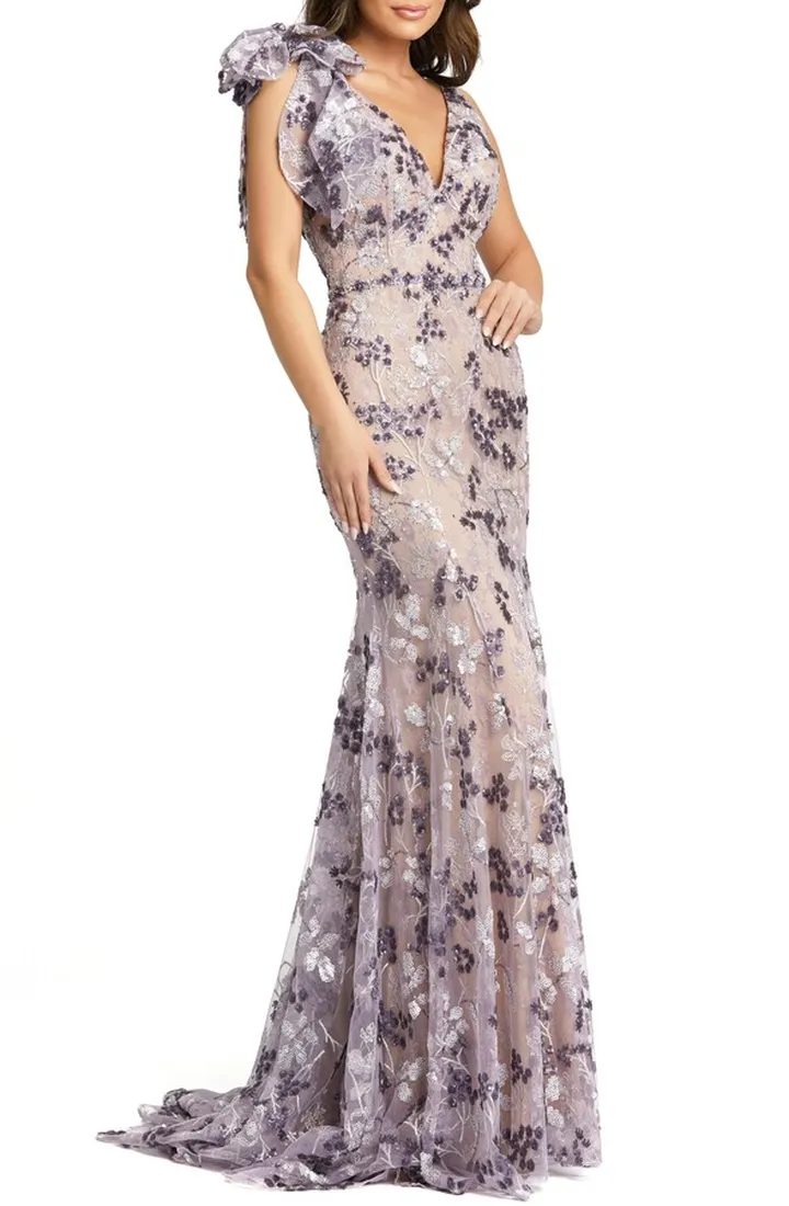 Sequin Floral Bow Shoulder Trumpet Gown