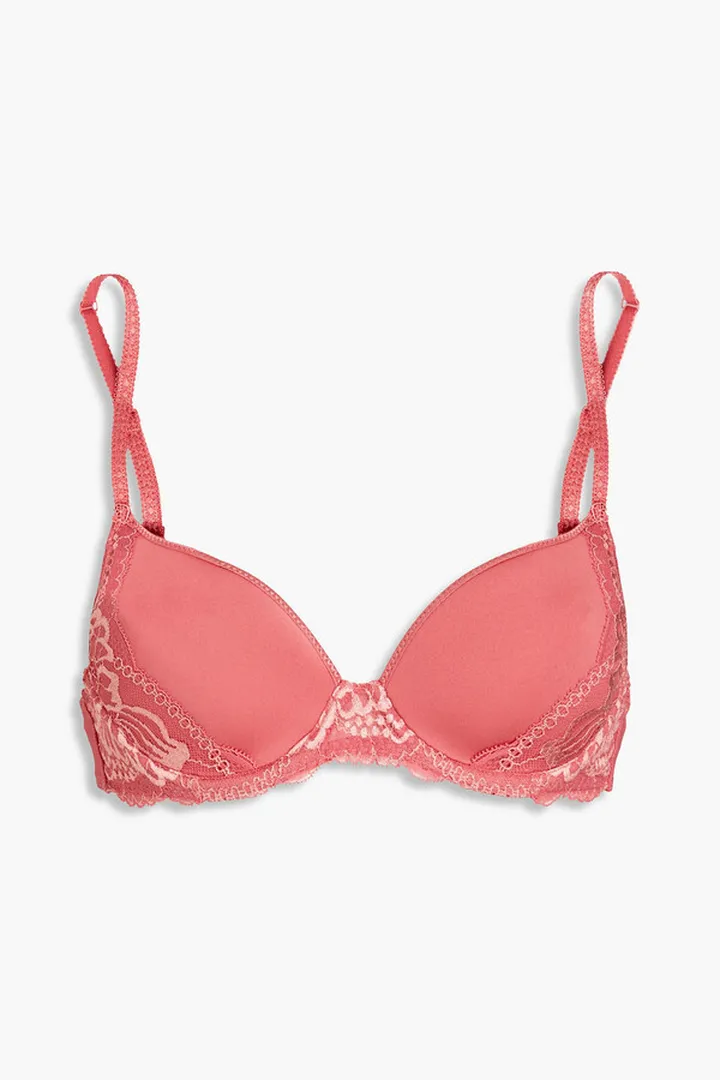 Embroidered tulle-trimmed jersey underwired bra