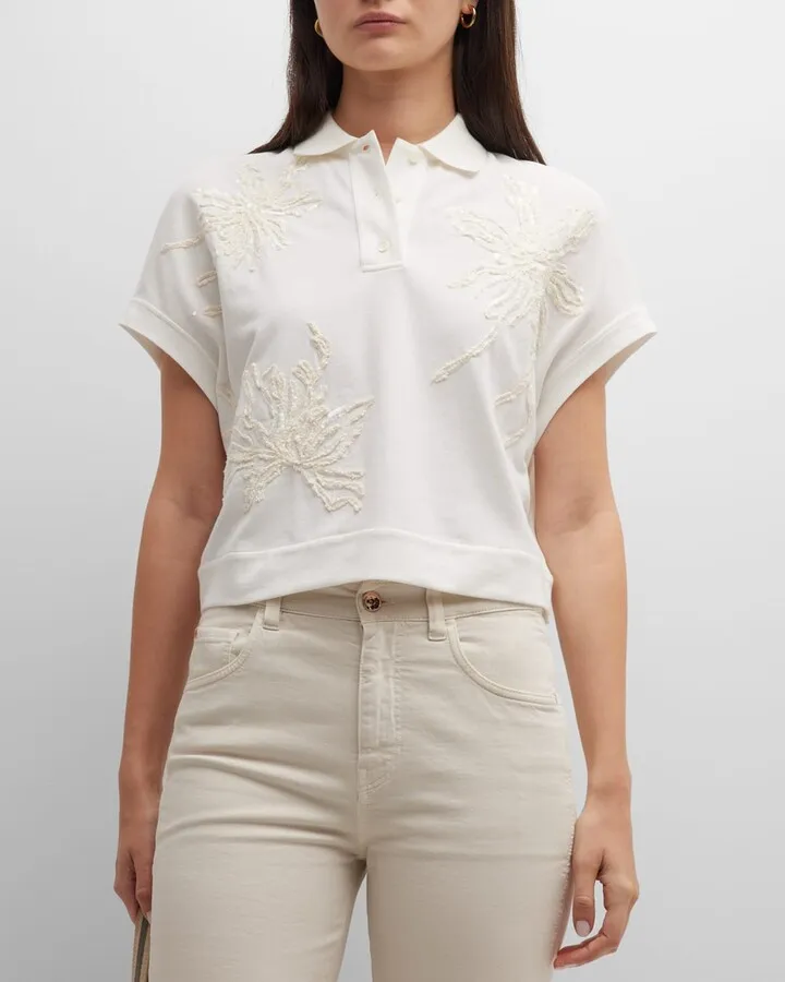 Floral Paillette Embroidered Cap-Sleeve Pique Polo Shirt