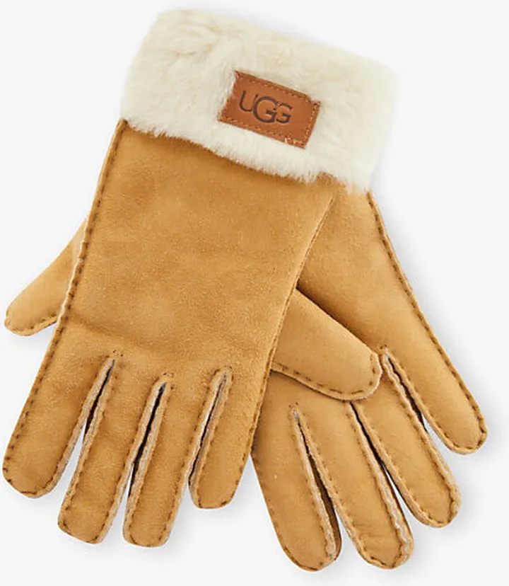 Ugg Womens Chestnut ogo-embroidered Turn-up eather and Shearling Gloves