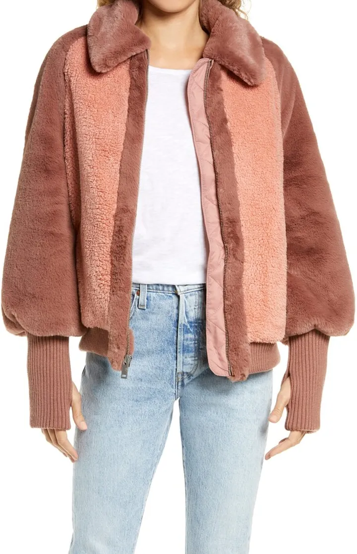 Augusta Faux Fur & Faux Shearling Baseball Jacket