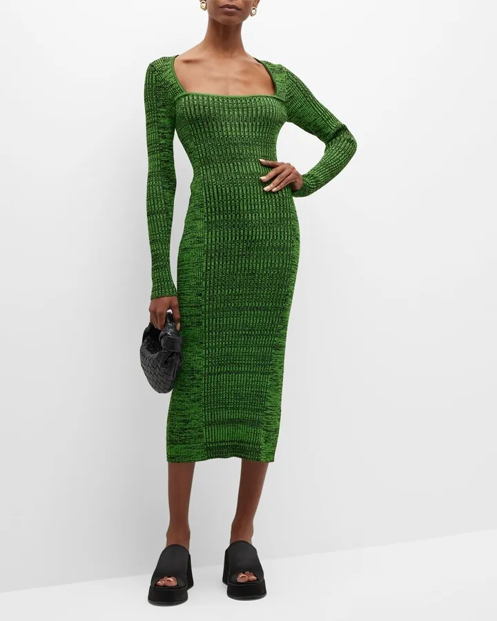 Ribbed Square-Neck Midi Dress