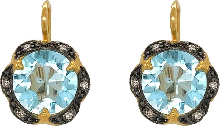 Blue Topaz Scalloped Frame Yellow Gold Earrings