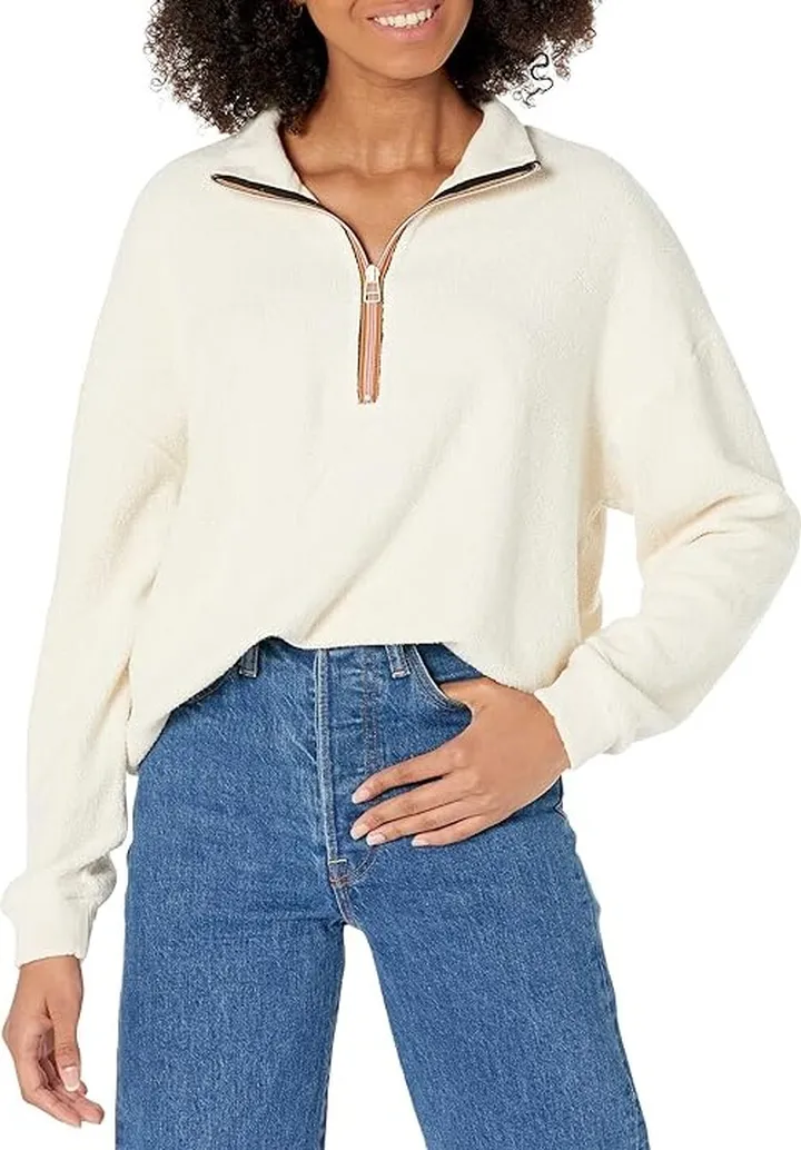 SUNDRY Faux Sherpa Zip Tunic (Eggshell) Women's Clothing