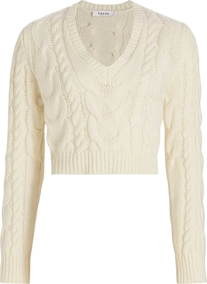 Cropped Cable Knit V-neck Sweater