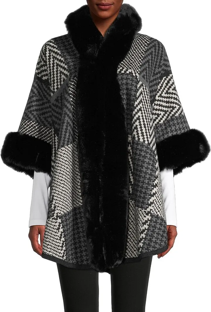 Faux Fur-Trim Hooded Ruana