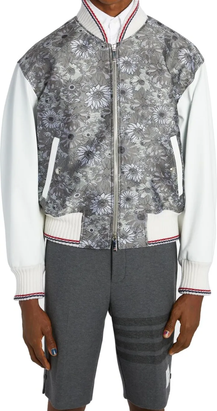 Floral Jacquard Bomber Jacket with Leather Sleeves