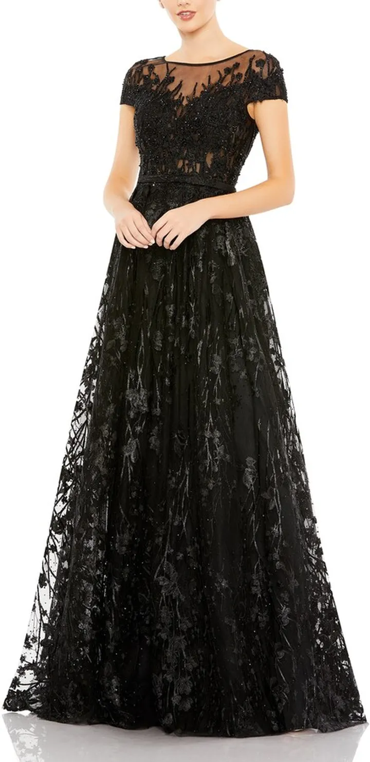 Embellished Floral Cap Sleeve A Line Gown