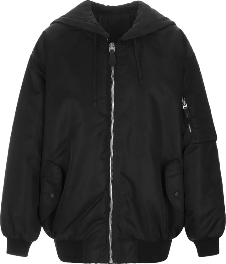 Oversized Black Nylon Bomber Jacket With Hood