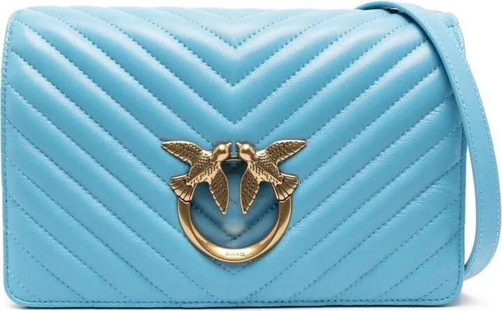 'love Click' Light Bkue Shoulder Bag With Logo Plaque In Chevron Leather Woman