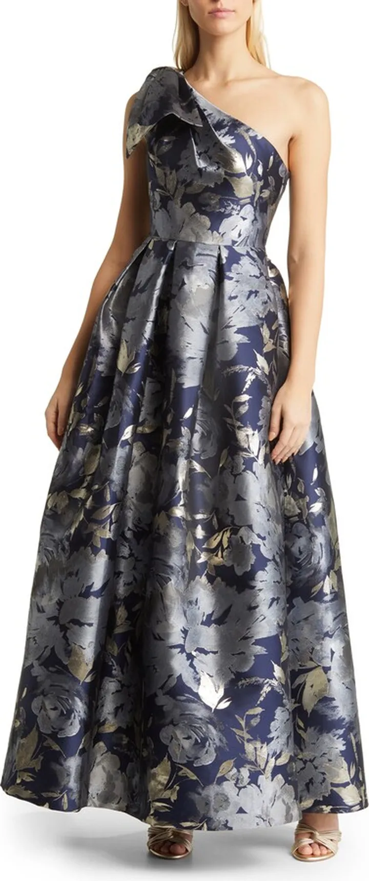 Metallic Floral Asymmetric Gown