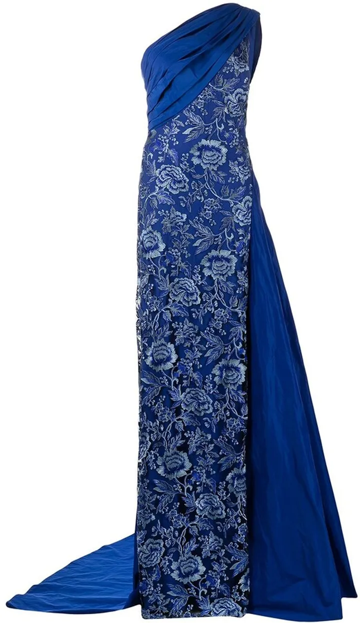 Floral-Embroidered Draped Gown