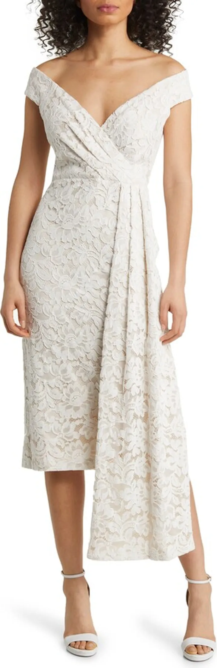 Off the Shoulder Lace Midi Sheath Dress